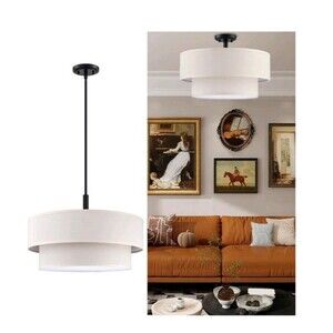 4 Light Drum 20" Off White Fabric Shade Hanging Pendant Ceiling Light Fixture